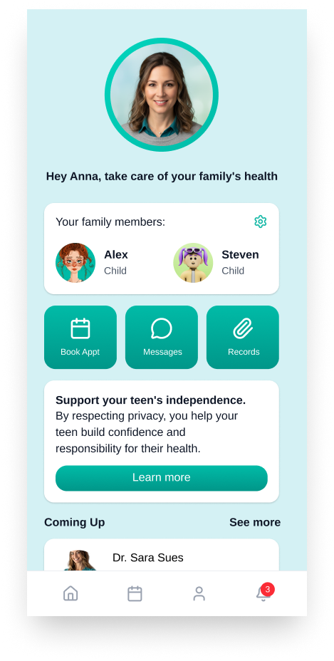 Parent — home screen with family member cards and quick actions